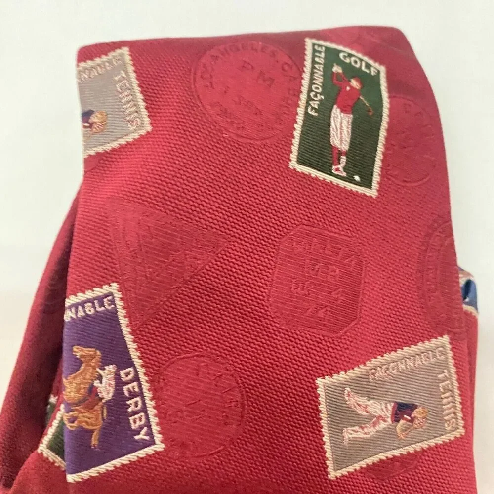 #5656 Maroon Vintage Golf Postage Stamps Mens Novelty Necktie, Tie 59X4